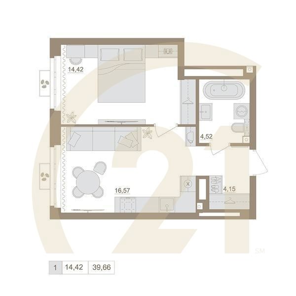 1-комн, 39.66 м², 8-15 этаж