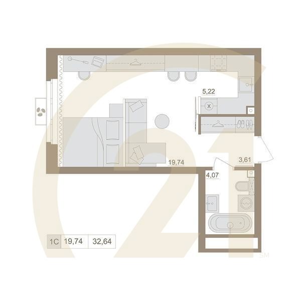 1-комн, 32.64 м², 9-14 этаж