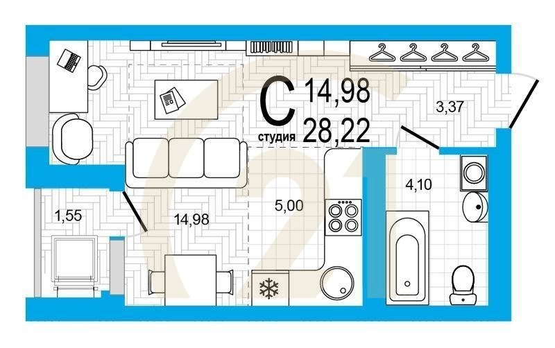 Студия, 28.22 м², 2-4 этаж