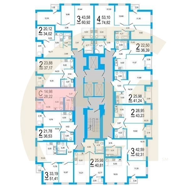 Студия, 28.22 м², 2-4 этаж