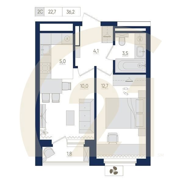 2-комн, 36.2 м², 14 этаж