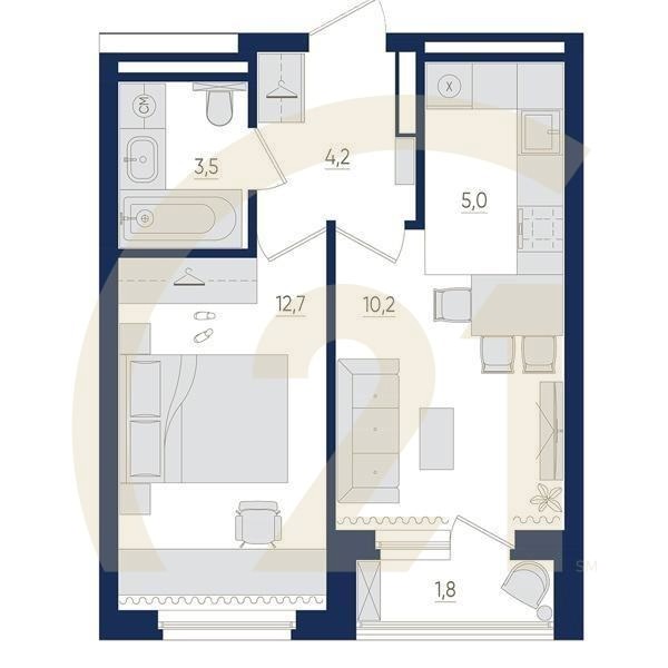 2-комн, 36.5 м², 9-13 этаж