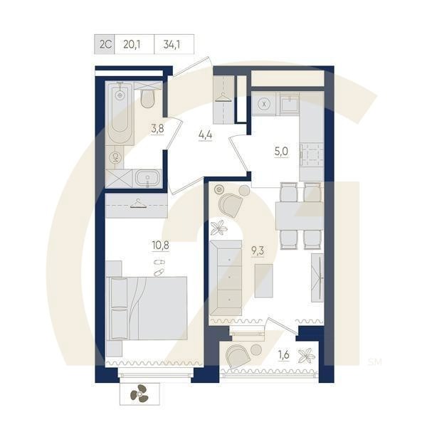 2-комн, 34.1 м², 8-21 этаж