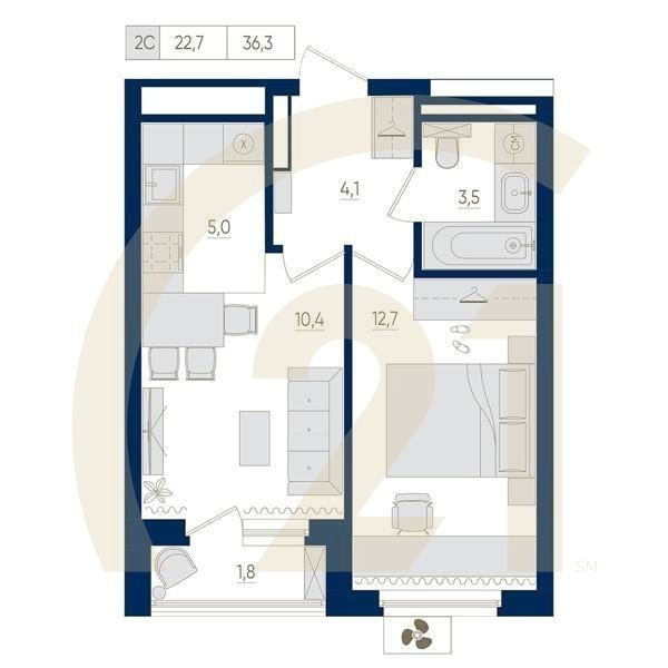 2-комн, 36.3 м², 15-22 этаж