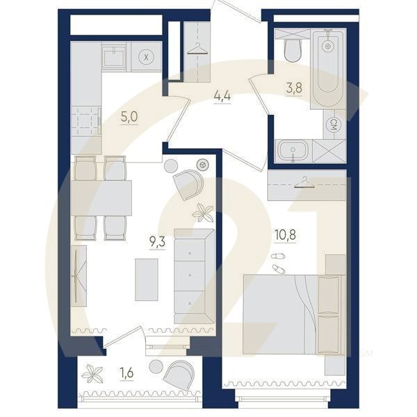 2-комн, 34.1 м², 7-16 этаж