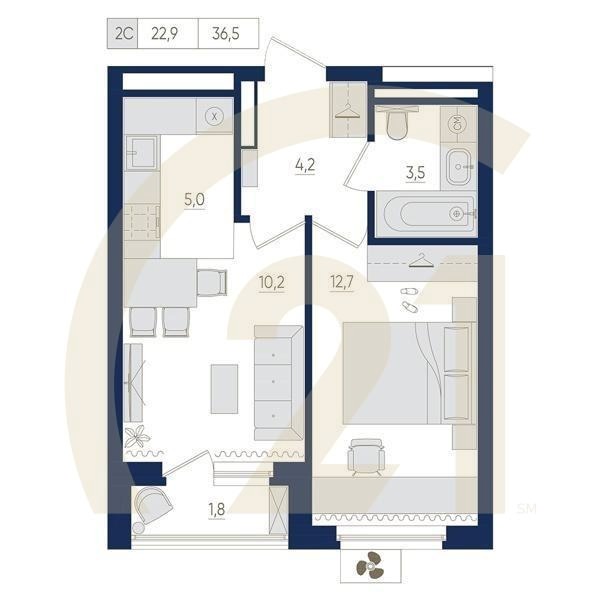 2-комн, 36.5 м², 7-13 этаж