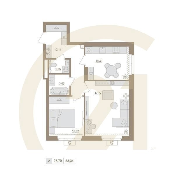 2-комн, 53.34 м², 8-20 этаж