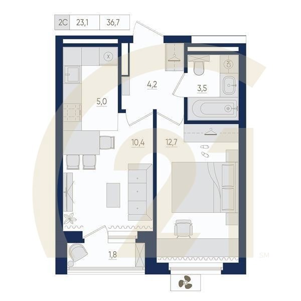 2-комн, 36.7 м², 2 этаж