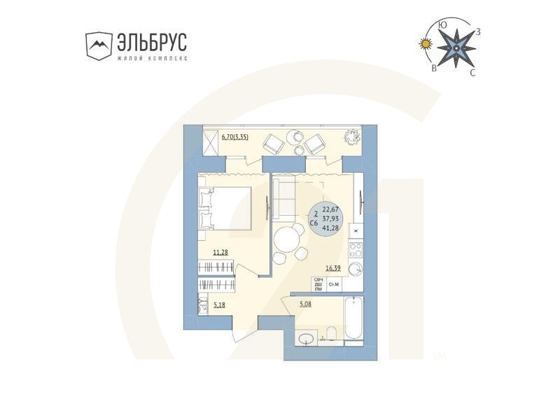 2-комн, 41.28 м², 17 этаж