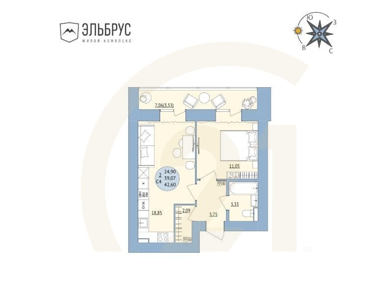 2-комн, 42.6 м², 13-18 этаж