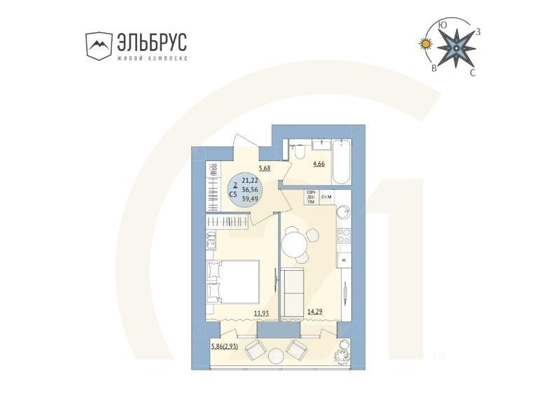 2-комн, 39.49 м², 11-16 этаж
