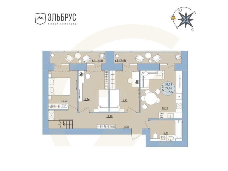 4-комн, 102.87 м², 19 этаж
