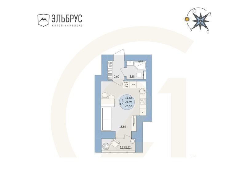 1-комн, 23.56 м², 16 этаж