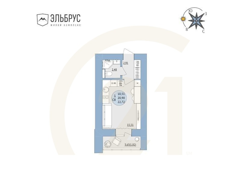 1-комн, 22.72 м², 14-17 этаж