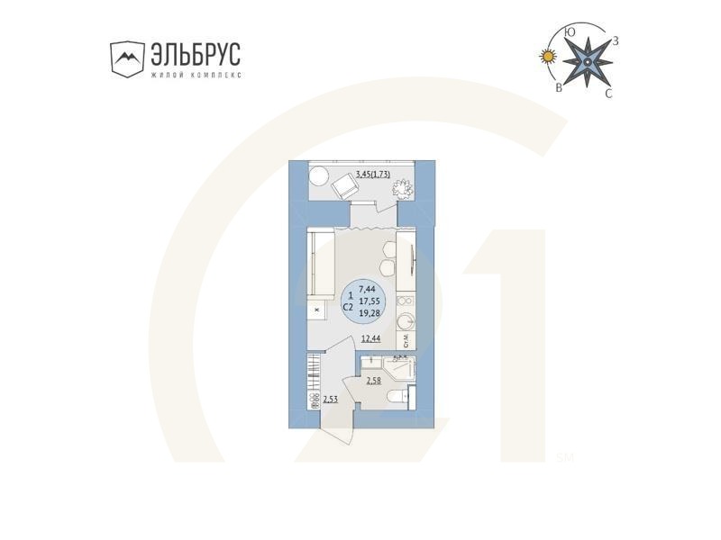 1-комн, 19.28 м², 2-11 этаж