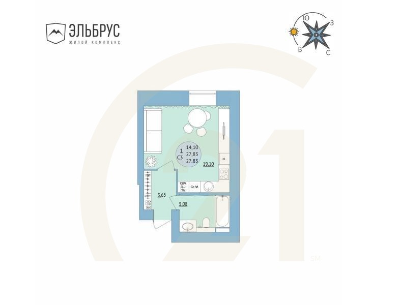 1-комн, 27.83 м², 1 этаж