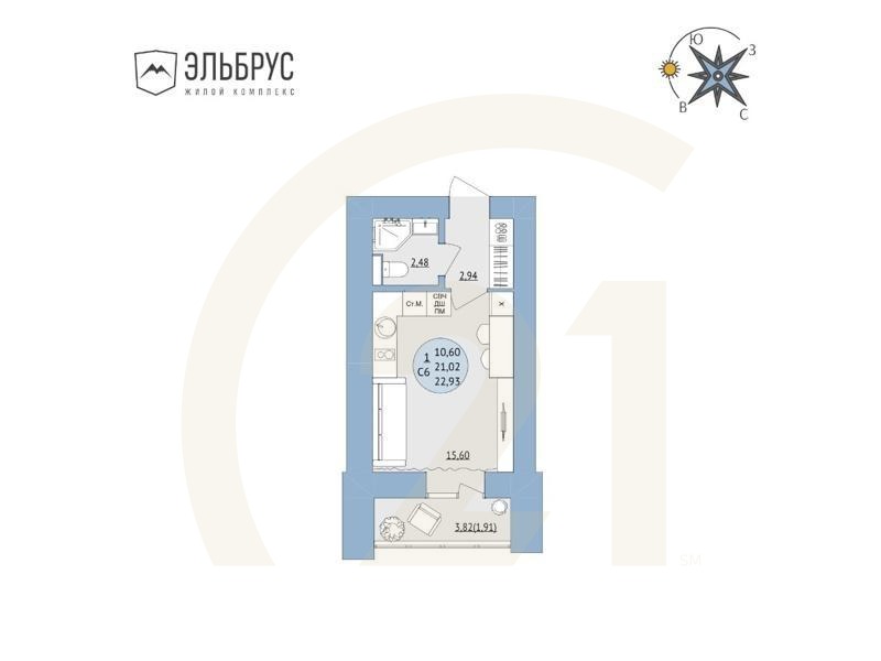 1-комн, 22.93 м², 13-16 этаж