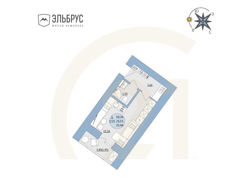 1-комн, 25.46 м², 13-19 этаж