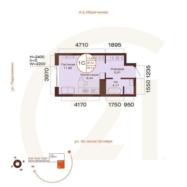 1-комн, 27.74 м², 13 этаж