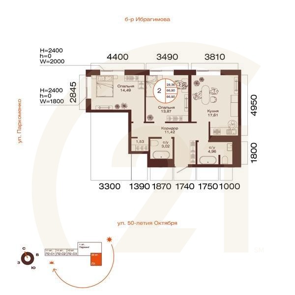 2-комн, 66.9 м², 20-29 этаж