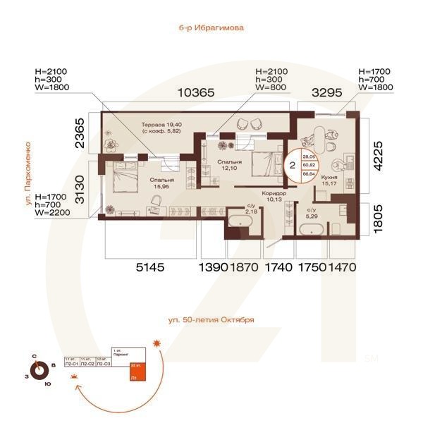 2-комн, 66.64 м², 10 этаж