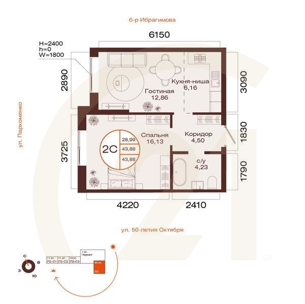 2-комн, 43.88 м², 25-28 этаж
