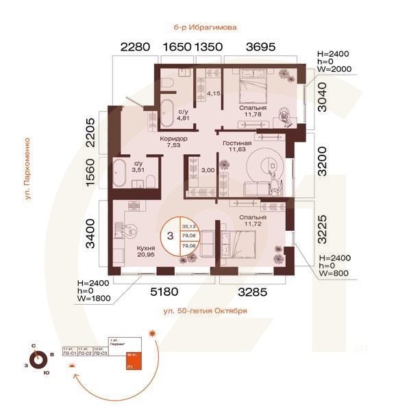 3-комн, 79.08 м², 25-29 этаж