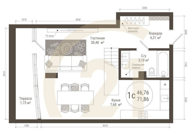 1-комн, 70 м², 21 этаж