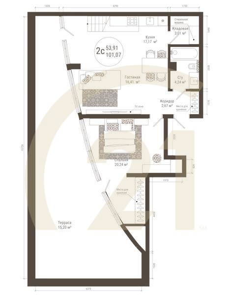 2-комн, 101.07 м², 21 этаж