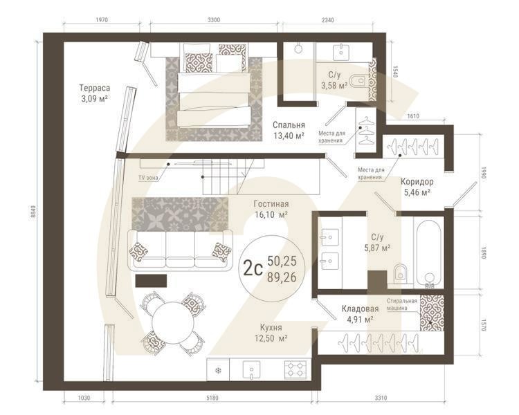 2-комн, 89.26 м², 21 этаж
