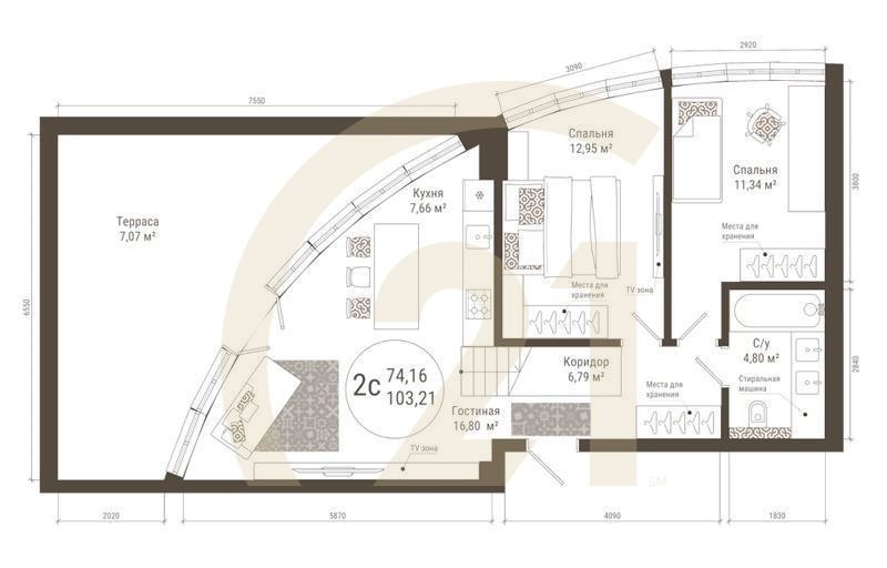 2-комн, 101.1 м², 21 этаж