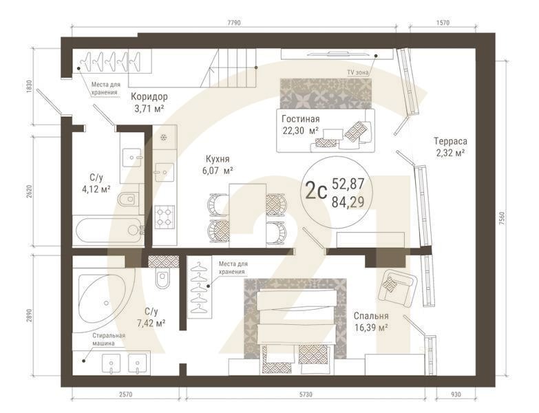 2-комн, 81.7 м², 21 этаж