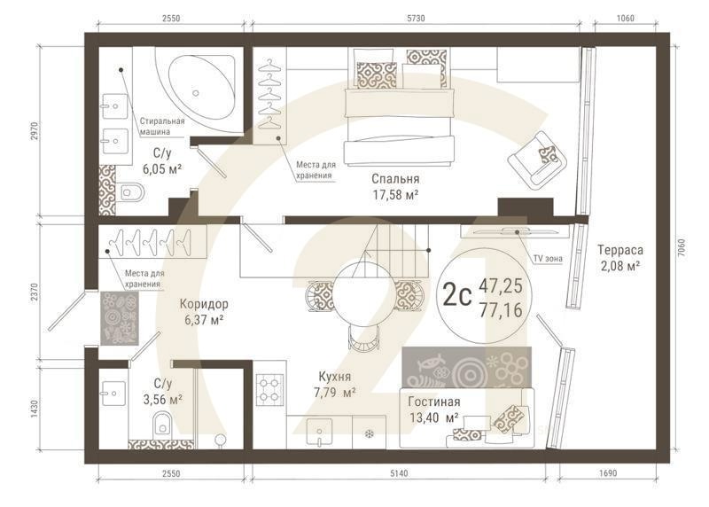 2-комн, 71.5 м², 21 этаж