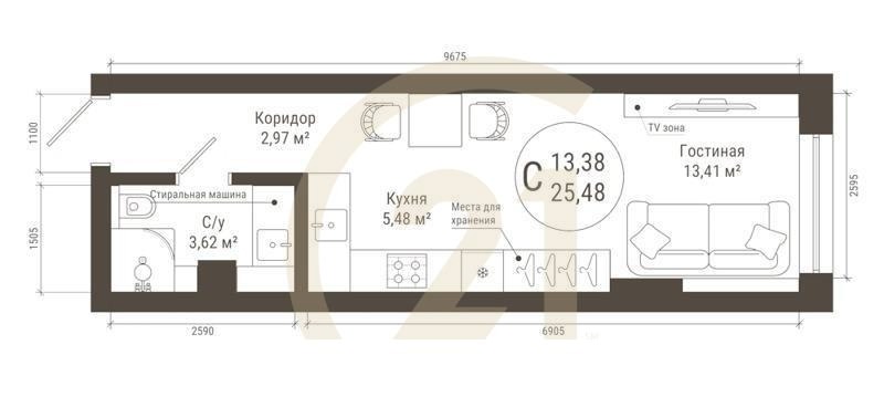 Студия, 25.48 м², 18 этаж