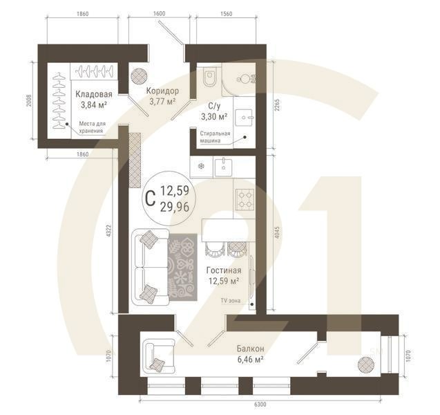 Студия, 28.7 м², 20 этаж