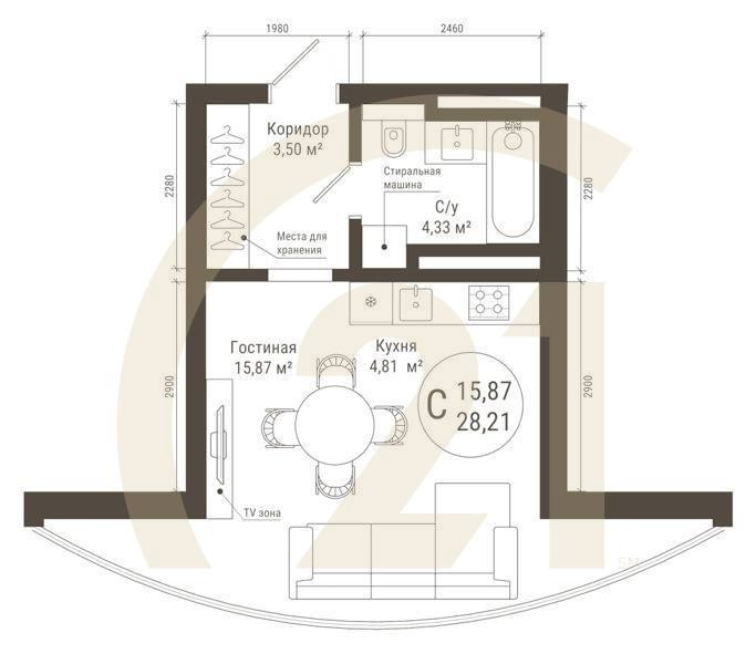 Студия, 33.8 м², 20 этаж