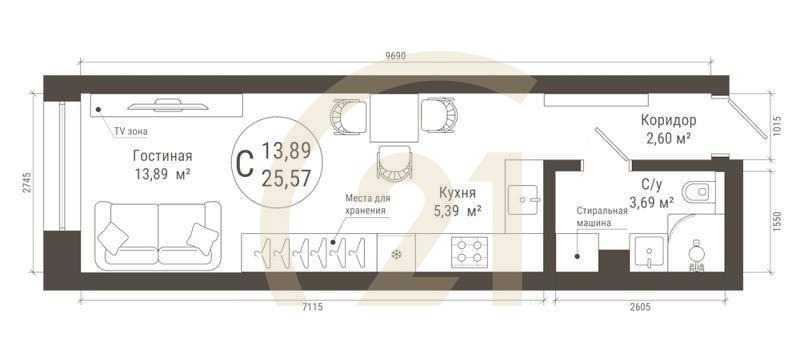 Студия, 25.57 м², 20 этаж