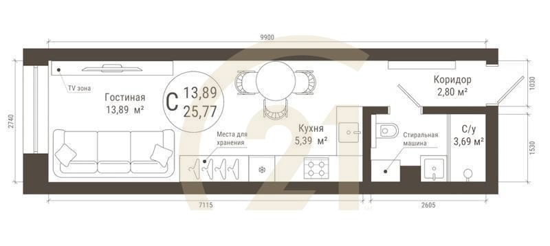 Студия, 25.77 м², 20 этаж