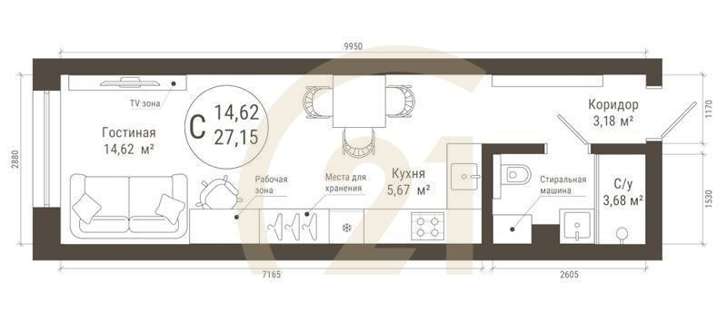 Студия, 27.15 м², 20 этаж