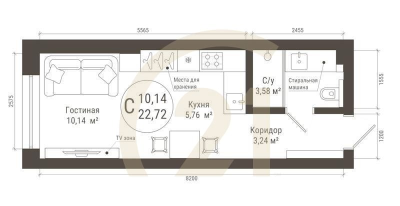 Студия, 22.72 м², 20 этаж