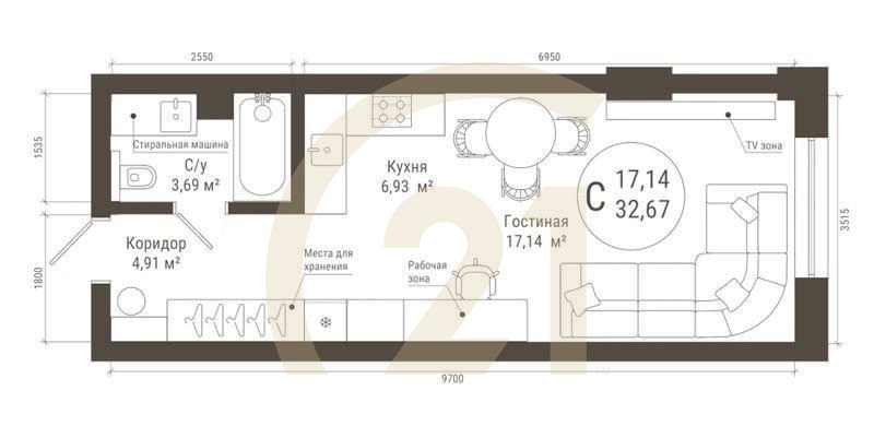 Студия, 32.67 м², 20 этаж