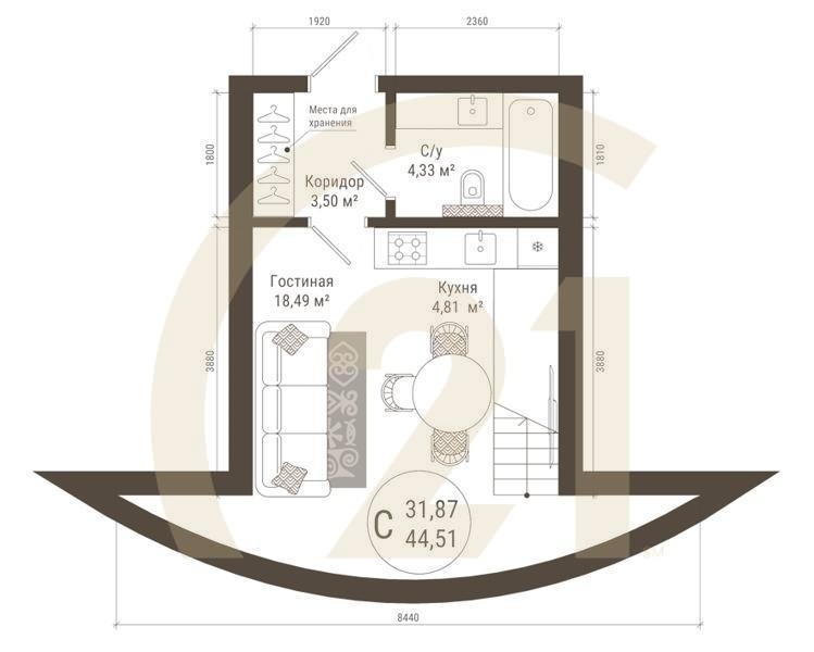 Студия, 42.9 м², 21 этаж