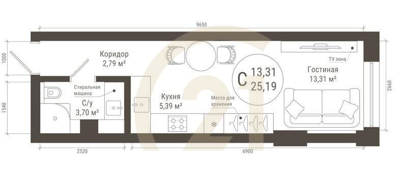 Студия, 25.19 м², 5-20 этаж