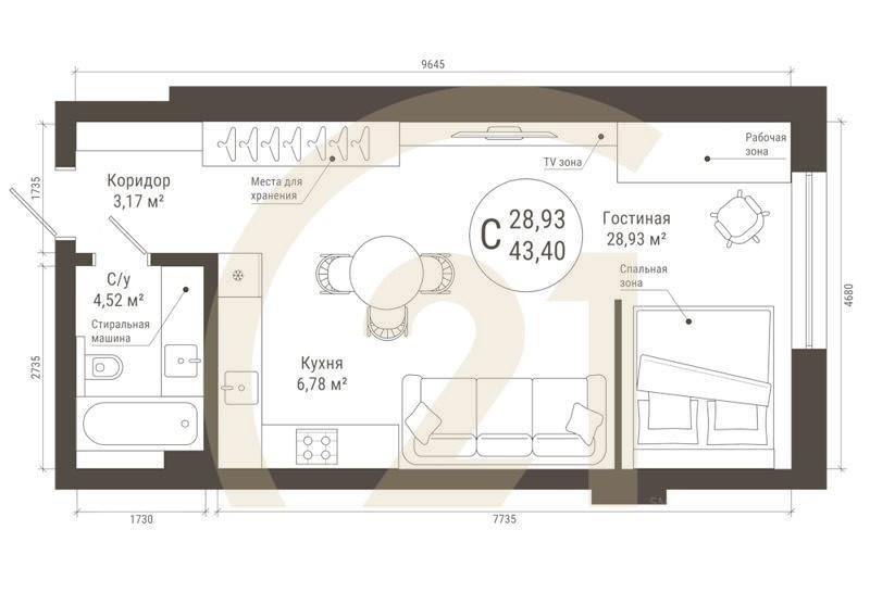 Студия, 43.4 м², 17 этаж