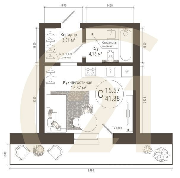 Студия, 41.88 м², 6 этаж
