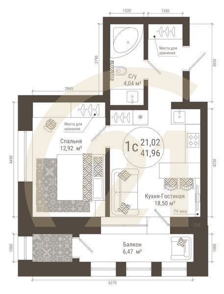 1-комн, 41.96 м², 18 этаж