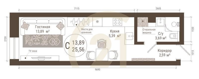 Студия, 25.56 м², 18-20 этаж