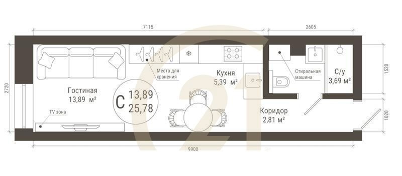 Студия, 25.78 м², 18-20 этаж
