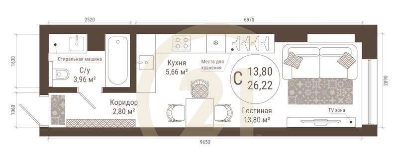 Студия, 26.21 м², 18-20 этаж