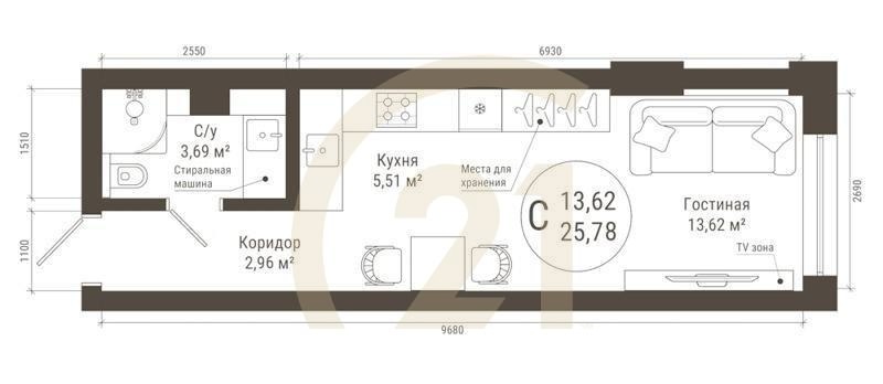 Студия, 26.3 м², 18 этаж